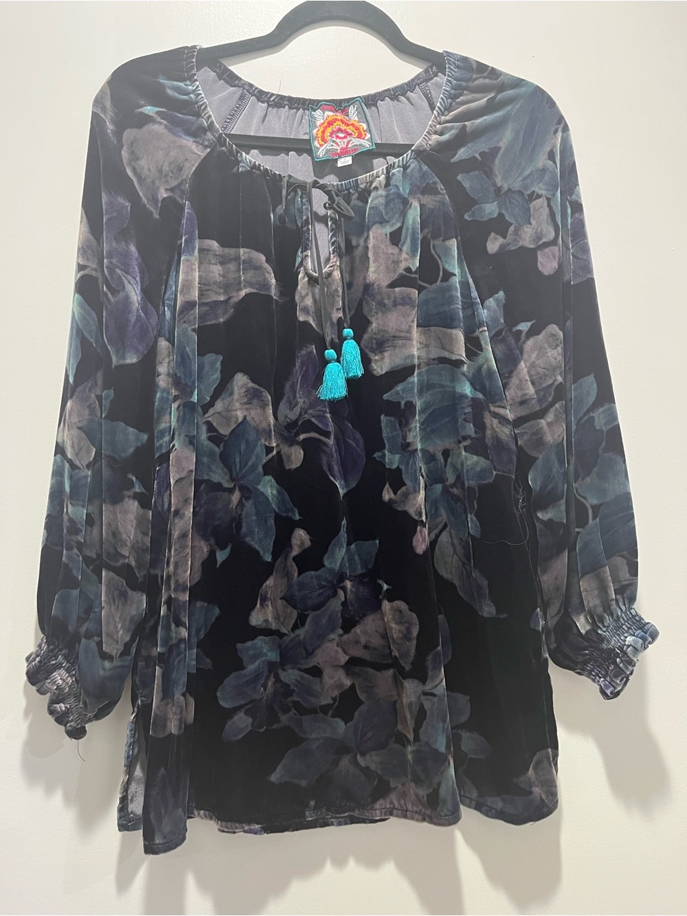 Johnny Was Black Floral Velvet Tunic with Teal Tassels